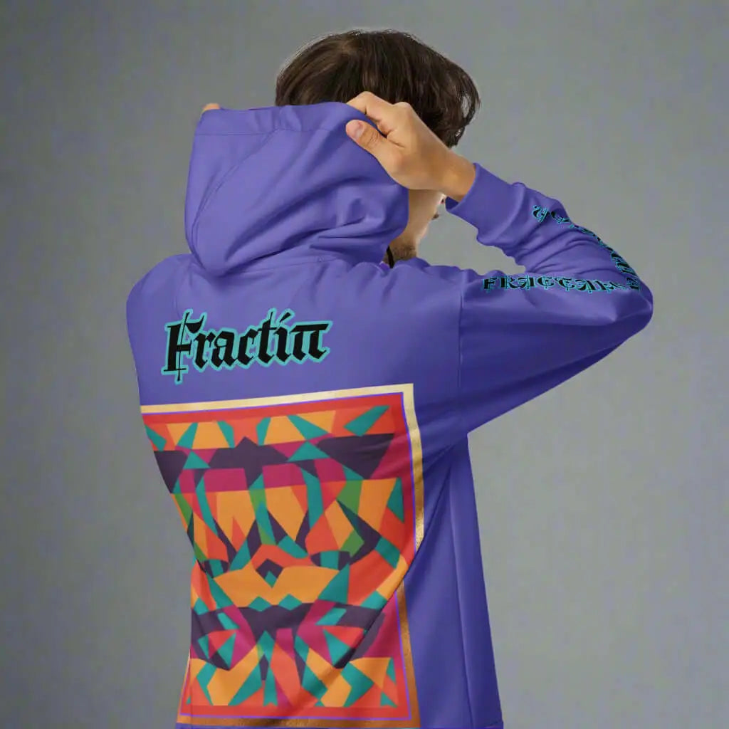 Unisex multicolor purple zip hoodie with geometric pattern and long sleeves