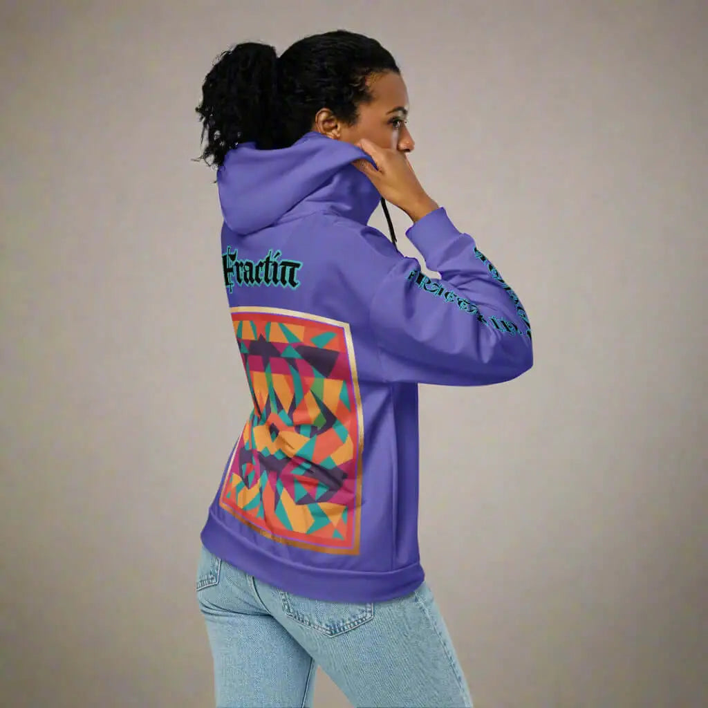 Woman wearing a unisex multicolor purple zip hoodie with geometric patterns and text on sleeves