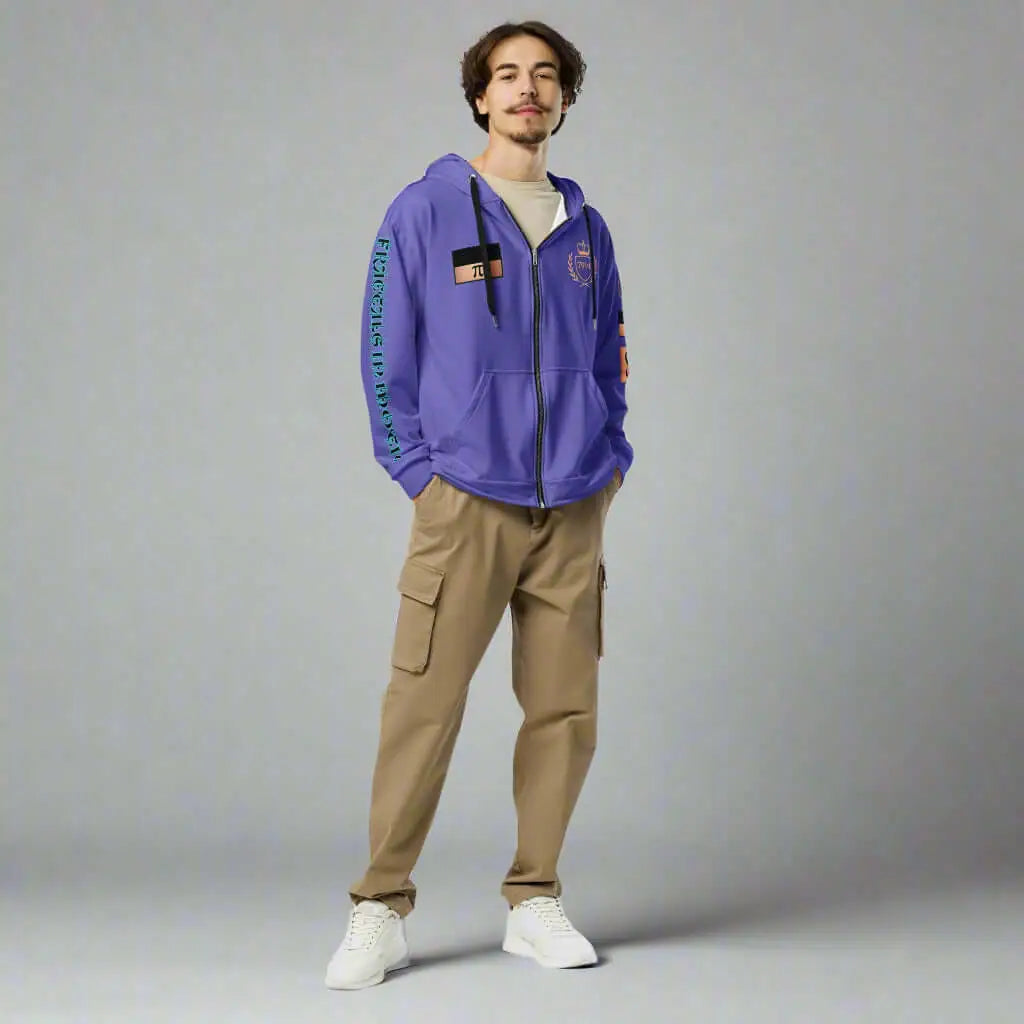 Men’s unisex multicolor purple zip hoodie with graphic art, tan cargo pants, and white sneakers
