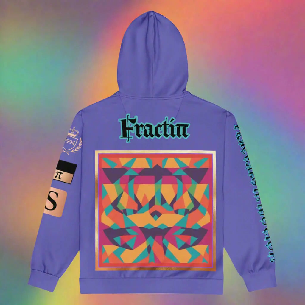 Unisex multicolor purple zip hoodie with colorful geometric pattern and text on back