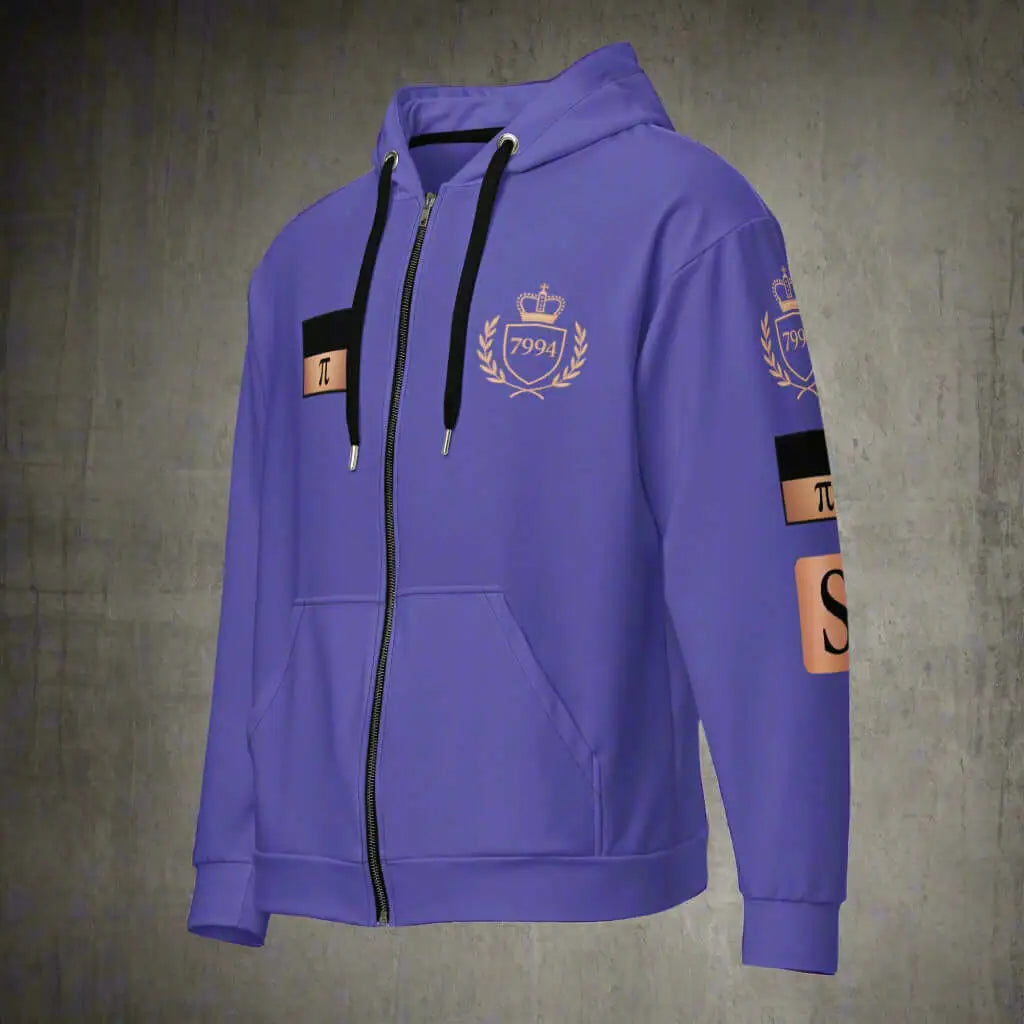 Unisex multicolor purple zip hoodie with crown and laurel wreath emblem for stylish comfort