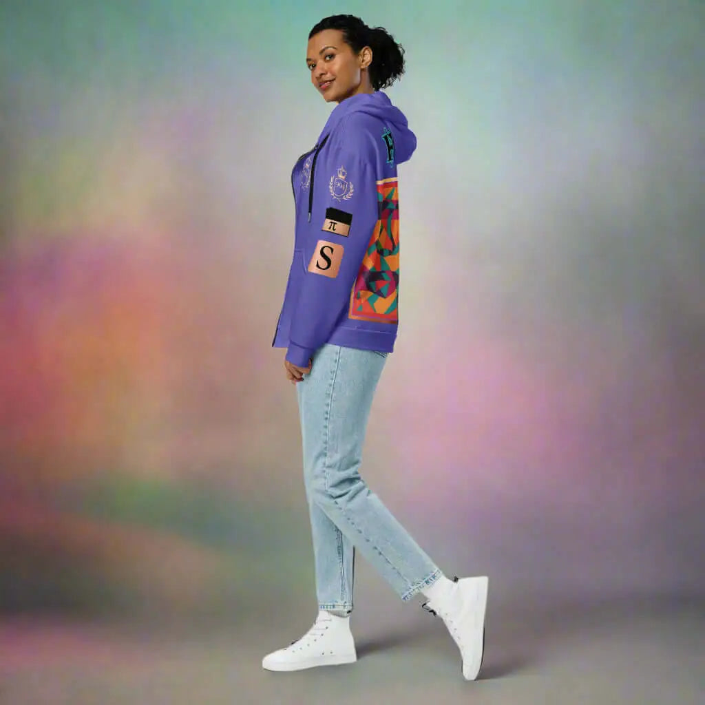 Unisex multicolor purple zip hoodie with colorful patches on sleeves and back