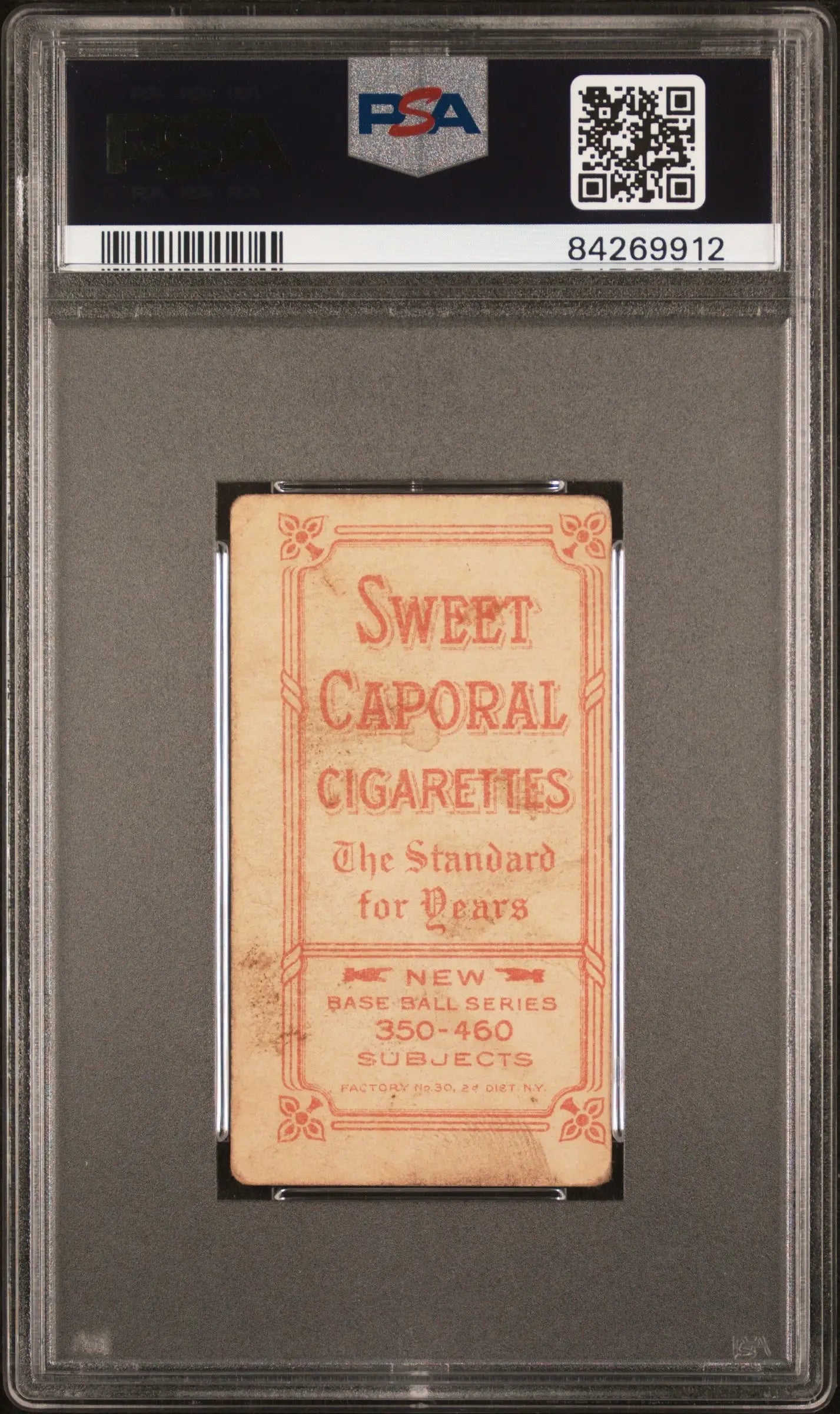 PSA-graded T206 Sweet Caporal Francis Pfeffer card with pink text on light background