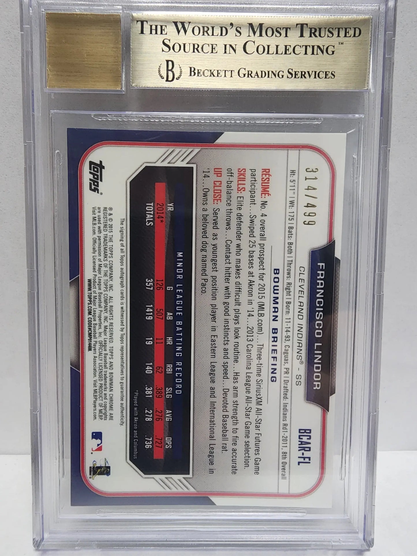Graded Francisco Lindor 2015 Bowman Chrome Rookie Refractor Auto card with auto grade