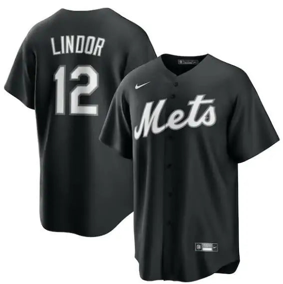 Black Mets baseball jersey worn by Francisco Lindor, Nike replica player jersey