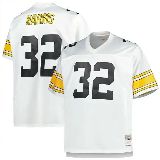 White Franco Harris Pittsburgh Steelers 1976 Legacy jersey with black number 32 and yellow Harris lettering
