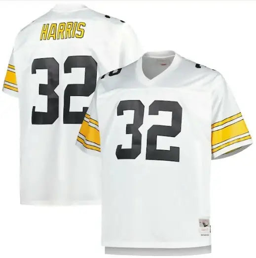 White Pittsburgh Steelers football jerseys with black 32 and yellow-black striped sleeves