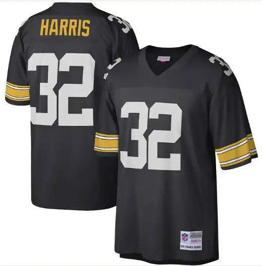 Black Franco Harris Pittsburgh Steelers replica jersey with white number 32 and yellow striped sleeves
