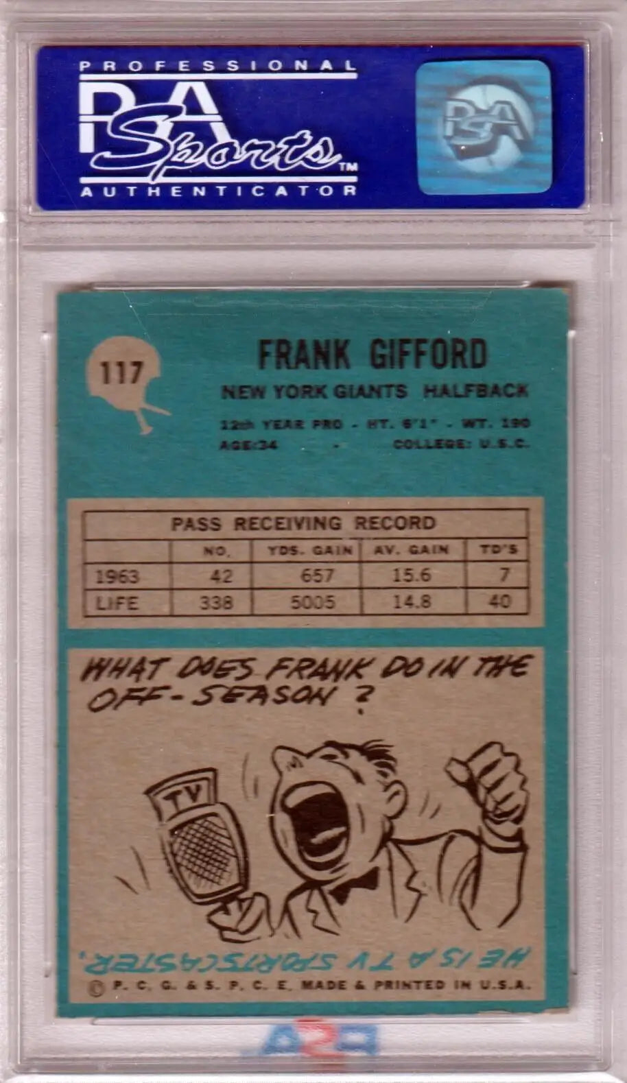 Graded Frank Gifford football card from 1964 Philadelphia PSA 8 NM-MT featured on Columbia Hobby eBay