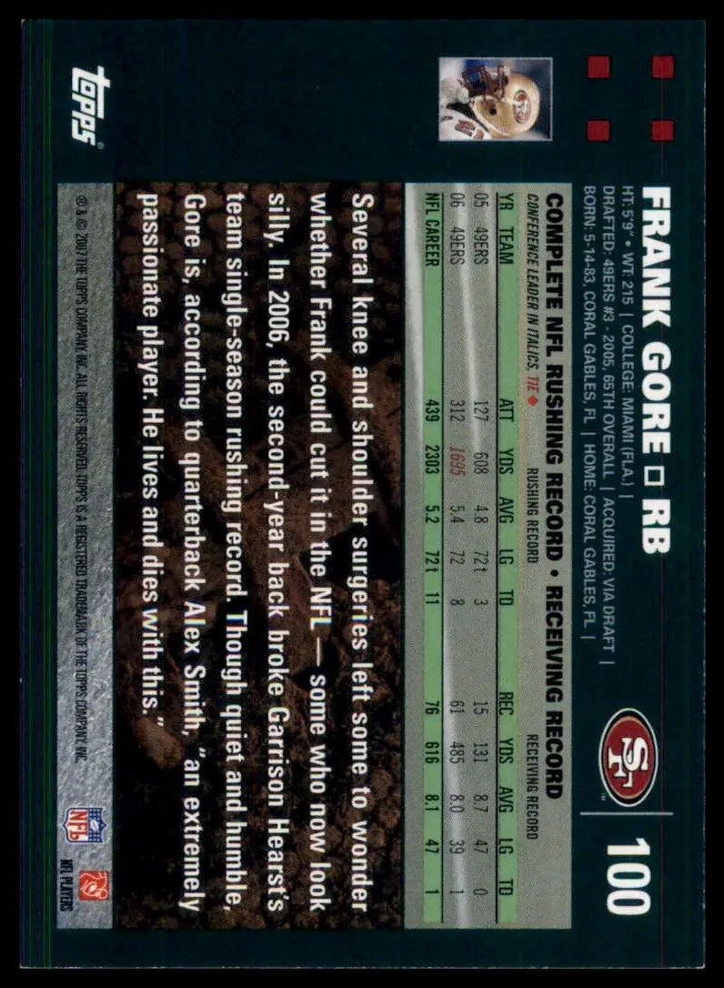 Back of a Frank Gore 2007 Topps football trading card featuring San Francisco 49ers