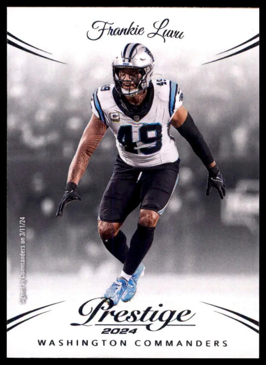Frankie Luvu 2024 Panini Prestige football trading card featuring a player in white and blue uniform