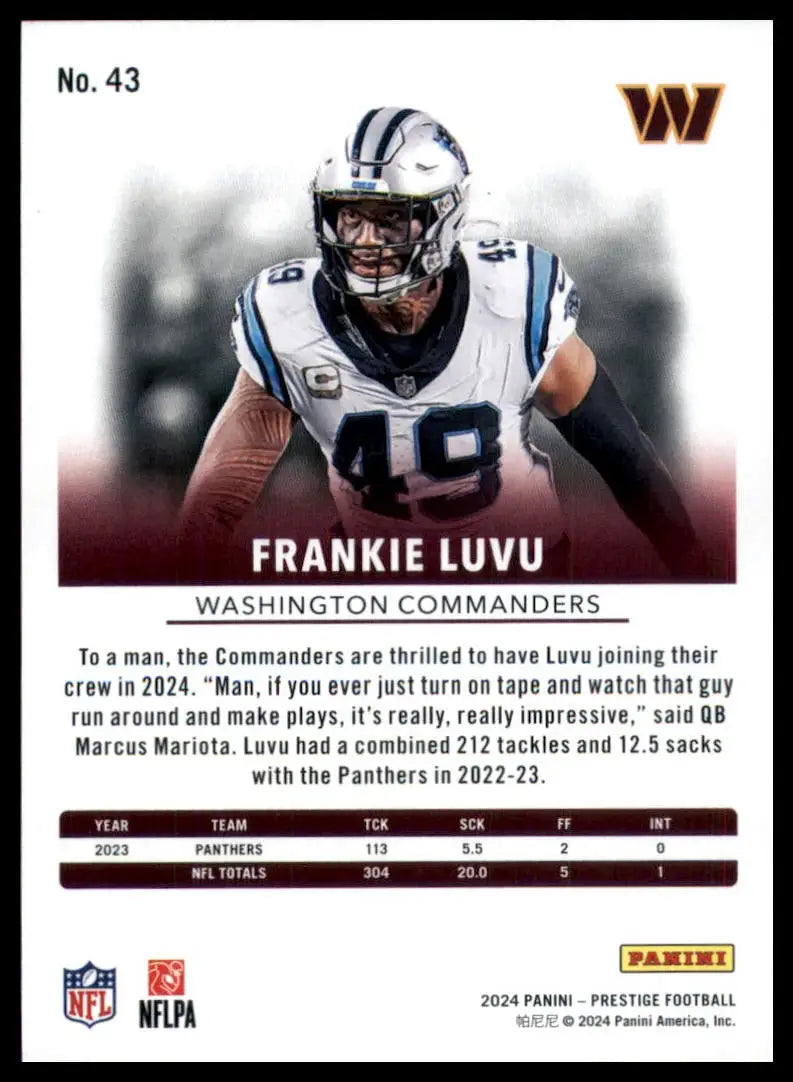 Frankie Luvu 2024 Panini Prestige football trading card in white and light blue jersey