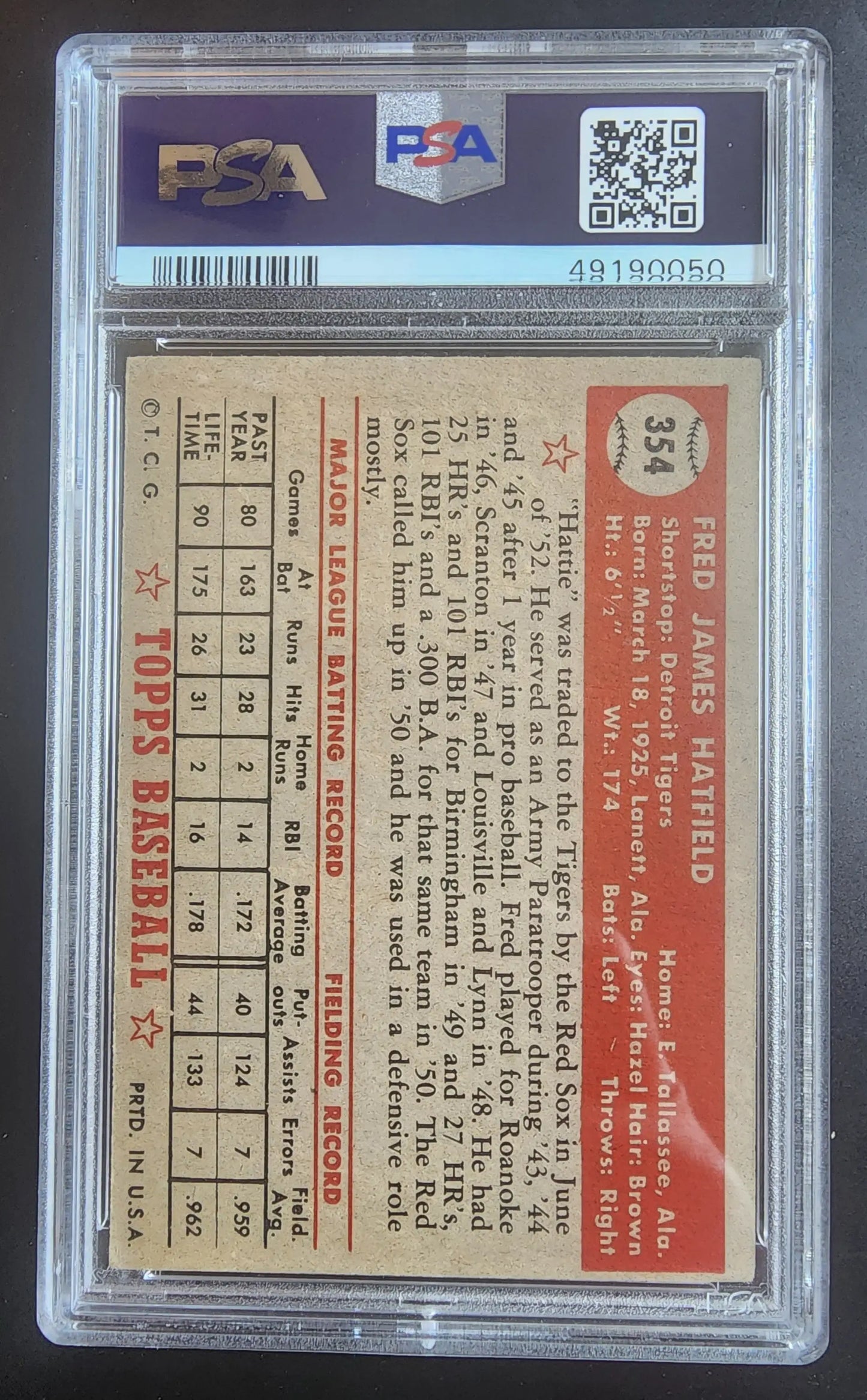 Graded Fred Hatfield baseball card 1952 Topps #354 PSA 5 collectible product