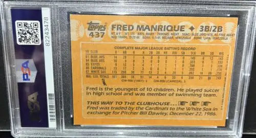 Graded Fred Manrique baseball card from Chicago White Sox 1988 Topps #437 PSA DNA signed