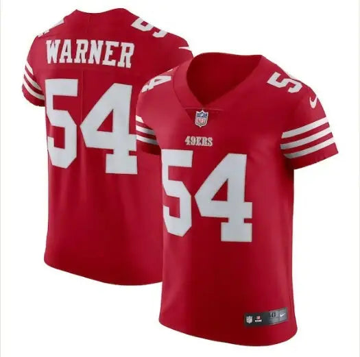 Red San Francisco 49ers Fred Warner #54 Nike Vapor Elite Jersey on display