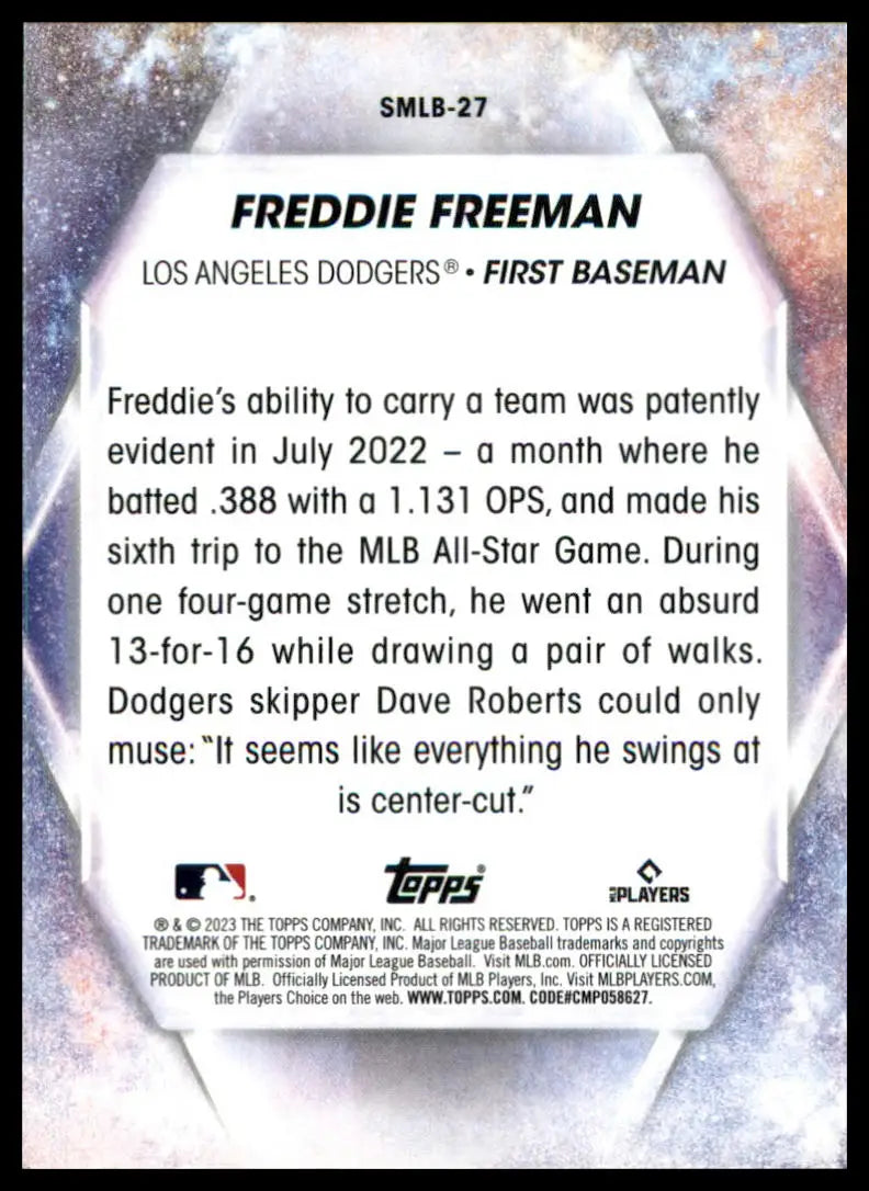 Freddie Freeman 2023 Topps Stars of MLB baseball card back showcasing player stats