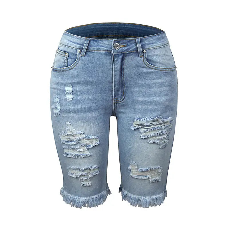 Light blue distressed denim shorts with frayed hems showcasing ripped holes and high elasticity