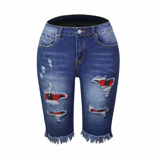 Women’s blue distressed denim capri shorts with ripped holes and fringed high elasticity