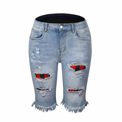 Light-wash distressed denim shorts with ripped holes, fringed high elasticity, and plaid patches