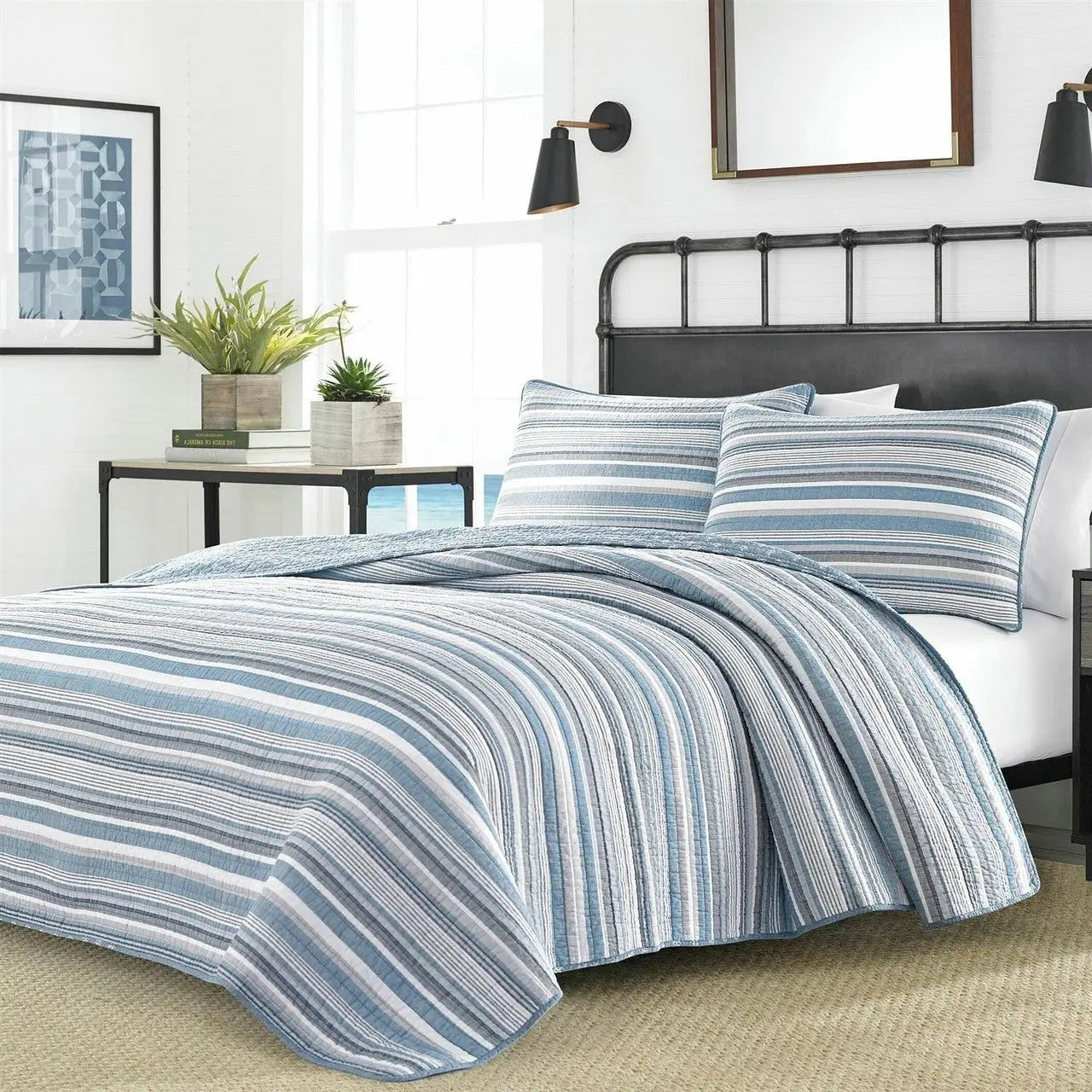 Full/Queen 3 Piece Nautical Anchor Blues 100-Percent Cotton Reversible Quilt Set - Quilts & Blankets