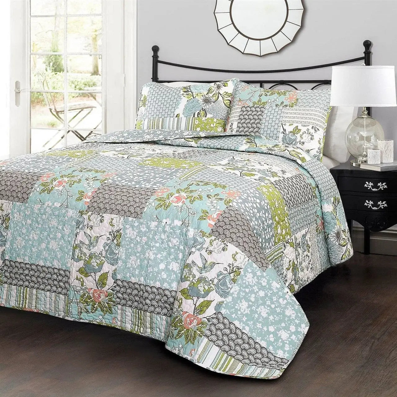 Full/Queen Boho Floral Blue Cotton Lightweight Quilt Set - Quilts & Blankets