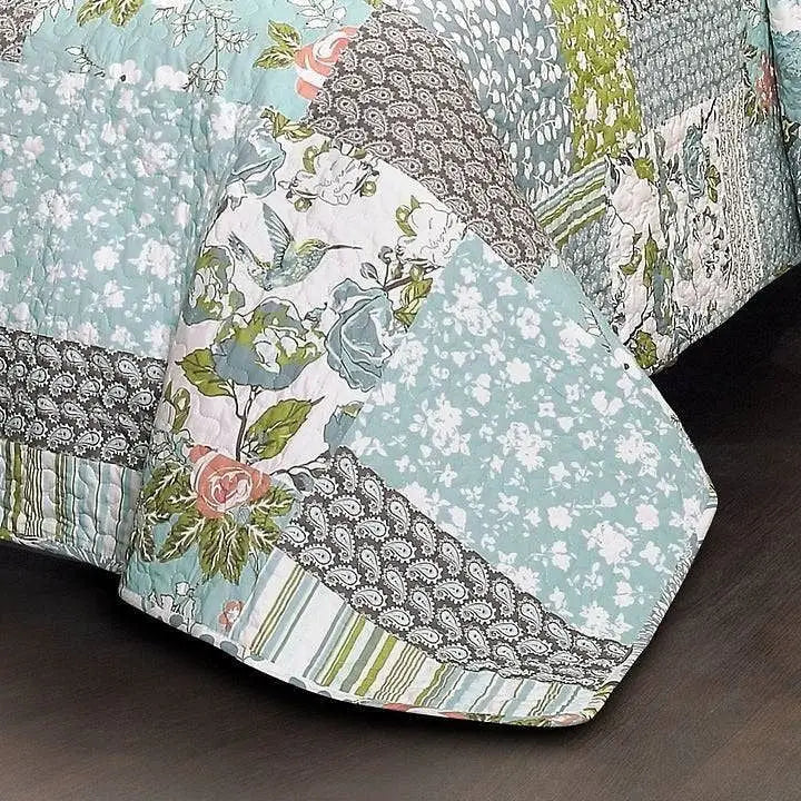 Full/Queen Boho Floral Blue Cotton Lightweight Quilt Set - Quilts & Blankets