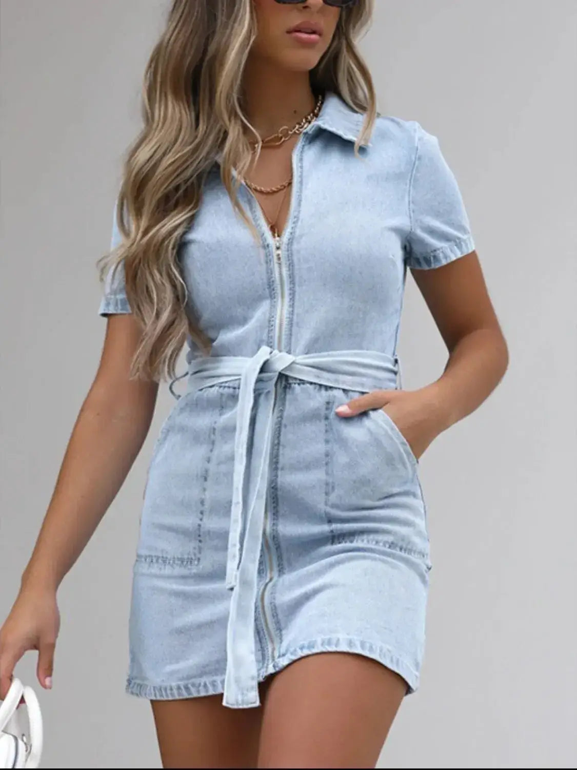 Full Size Zip Front Short Sleeve Denim Dress Plus Size - dress