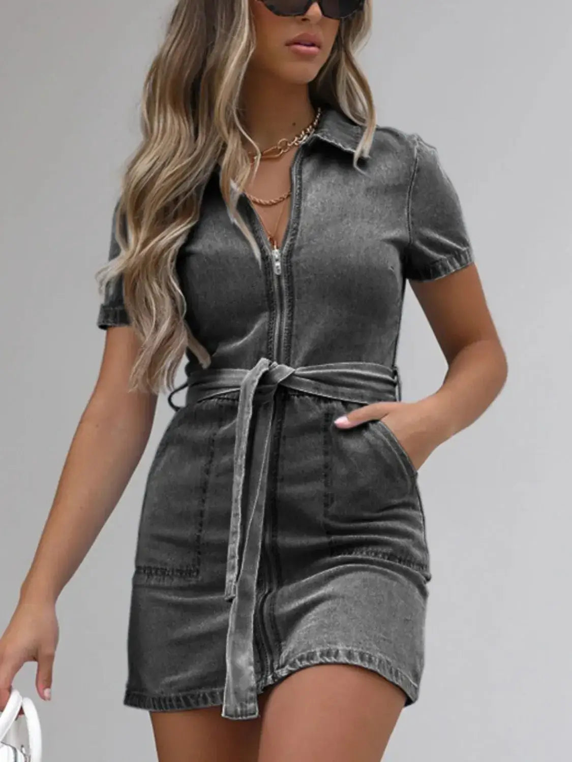 Full Size Zip Front Short Sleeve Denim Dress Plus Size - Dark Gray / S - dress