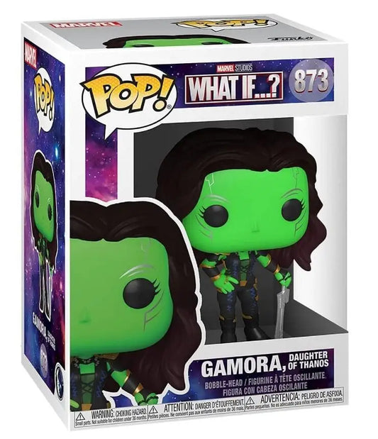 Green Gamora Pop Vinyl figure with black hair and blue eyes on purple background