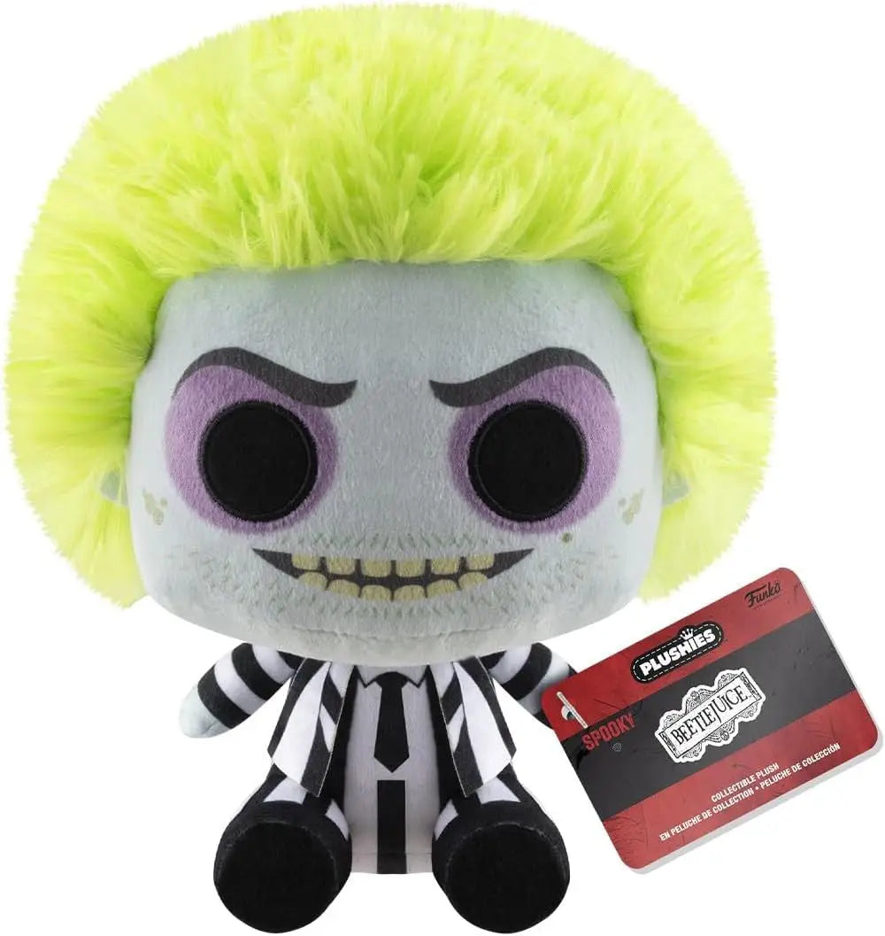 Funko Pop Plushies Beetlejuice plush toy with bright green hair striped suit and tag