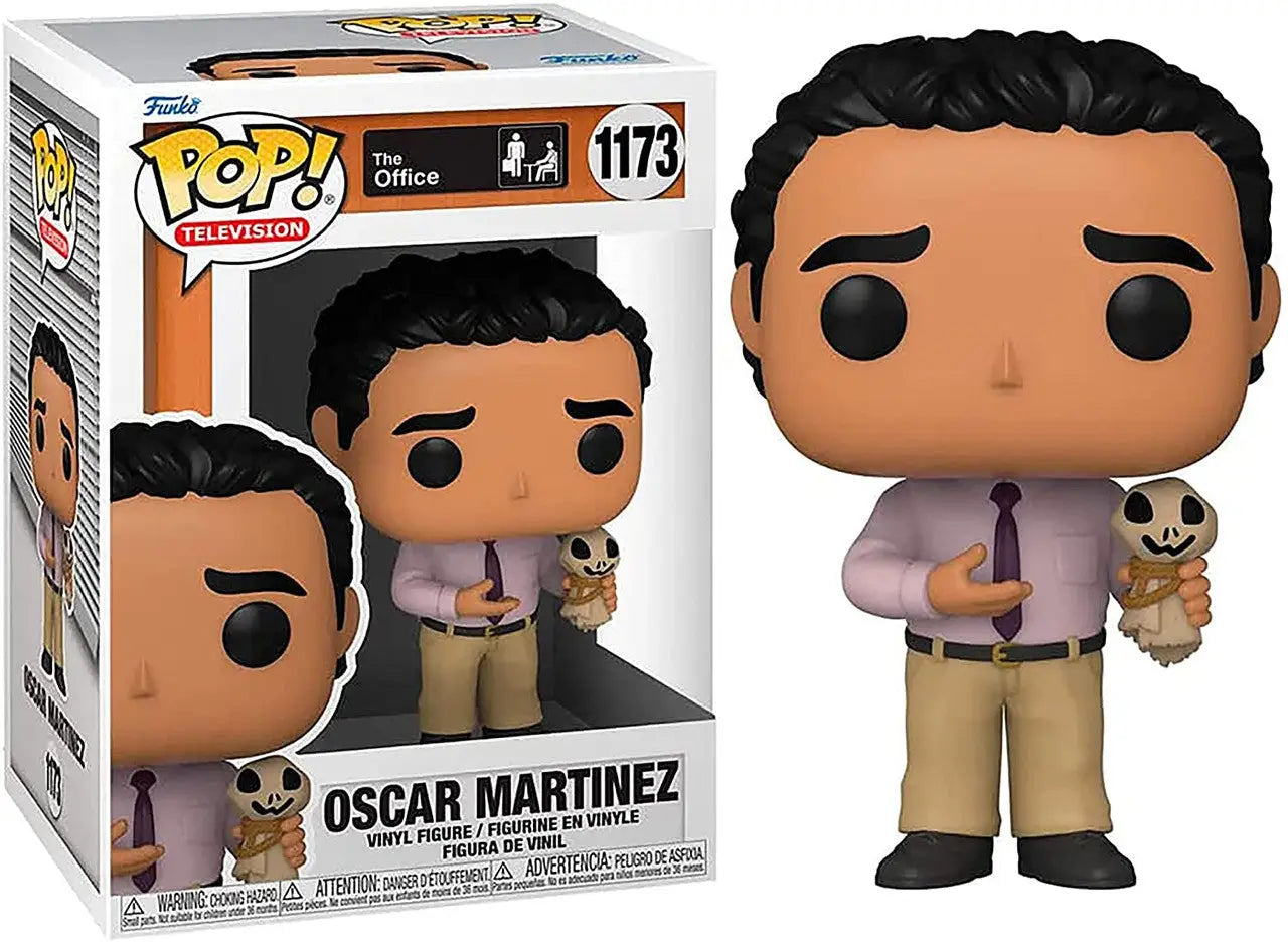 Funko Pop! Oscar Martinez holding Scarecrow Doll in branded packaging for collectors