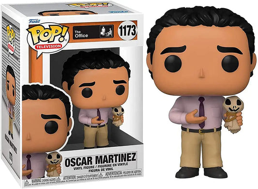 Funko Pop! Oscar Martinez holding Scarecrow Doll in branded packaging for collectors