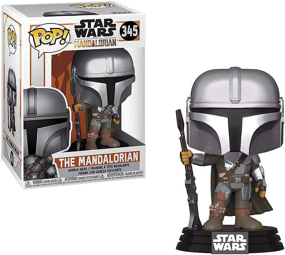 Funko Star Wars The Mandalorian 345 figure with silver helmet and blaster weapon