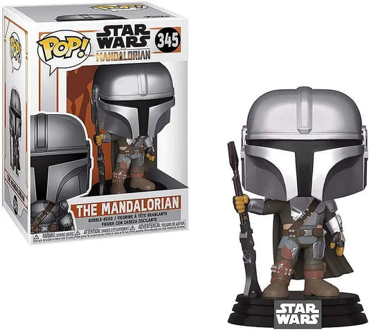 Funko Star Wars The Mandalorian 345 figure with silver helmet and blaster weapon
