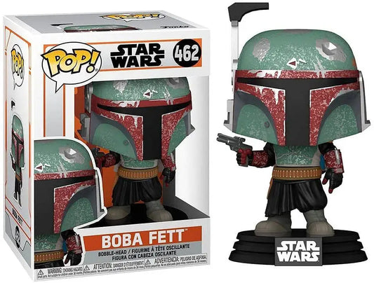 Green and red Boba Fett Funko Pop figure with helmet, armor, and blaster from The Mandalorian