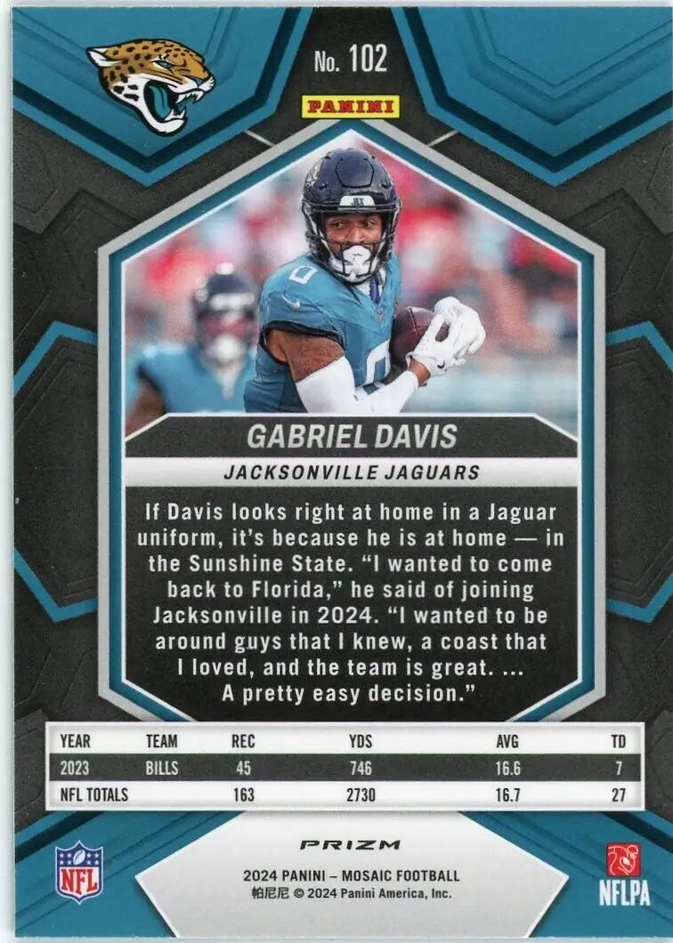 Gabriel Davis football card from 2024 Panini Mosaic Green Mosaic Jacksonville Jaguars