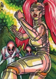 Stylized illustration of a futuristic warrior woman on Adam Cleveland sketch card