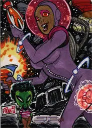 Purple-skinned humanoid with ray gun in Galaxgals sketch card by Frankie B Washington