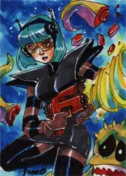 Anime-style character in black outfit with teal hair on a Hanie Mohd rare artist sketch card