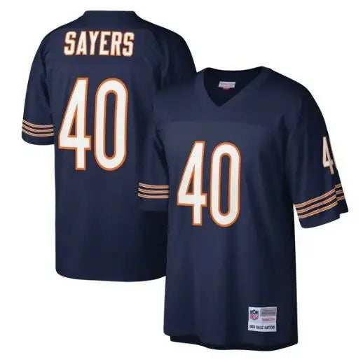 Two navy blue Gale Sayers Chicago Bears legacy replica jerseys with number 40 and SAYERS back