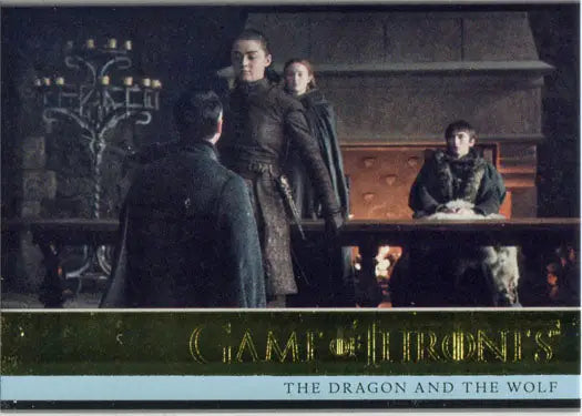 Medieval fantasy scene with characters by fireplace from Game of Thrones chase card