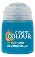 Jar of bright blue Citadel Contrast paint labeled Games Workshop Citadel Paint Contrast ASURMEN BLUE 18ML