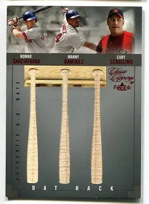 Baseball card featuring Boston Red Sox bat rack with Manny Ramirez Curt Schilling