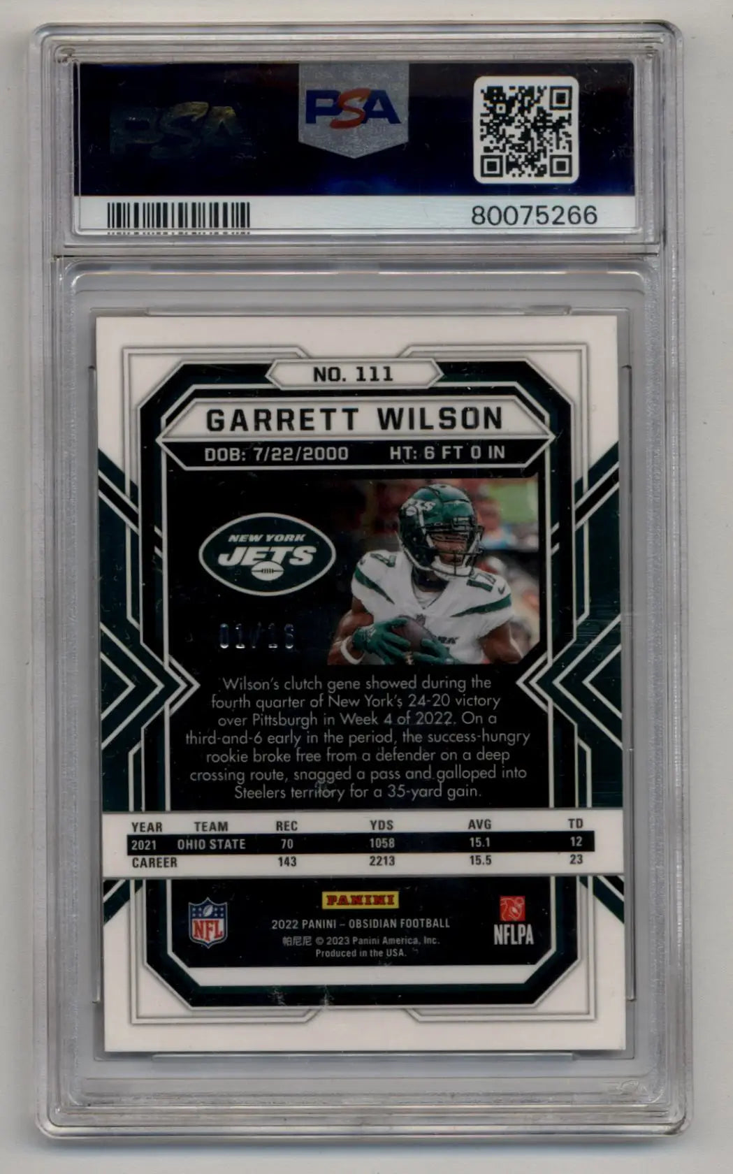 PSA 10 Gem Mint Garrett Wilson 2022 Obsidian Electric Etch Purple Flood NFL Card