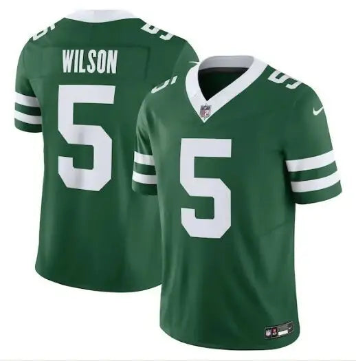 Green and white Garrett Wilson Jets Nike Vapor F.U.S.E. jersey with number 5