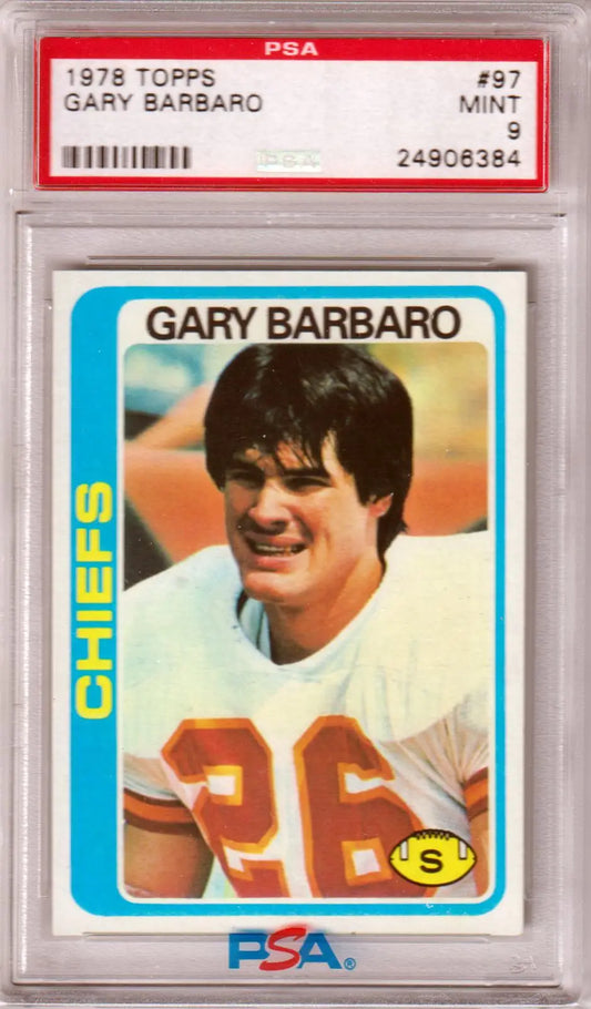 Graded Gary Barbaro Kansas City Chiefs football card from 1978 Topps PSA 9 MINT