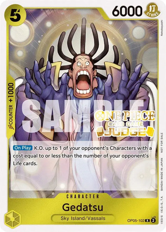 One Piece promotion cards featuring Gedatsu from Judge Pack Vol. 3 for collectible trading