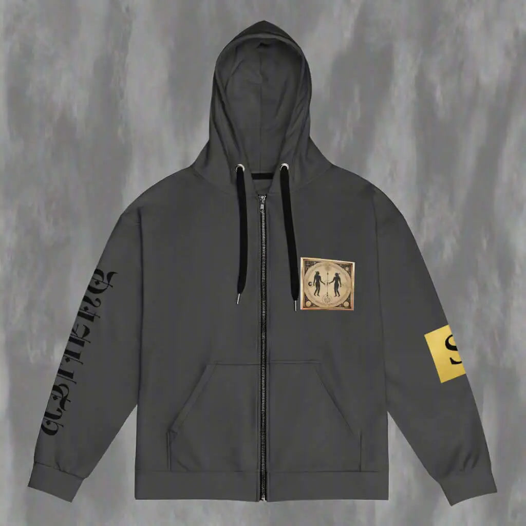 Dark grey Gemini Duality charcoal unisex zip hoodie with black drawstrings and gold emblem