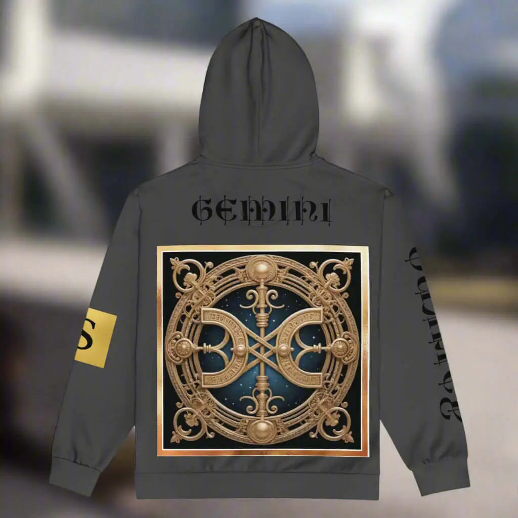 Grey Gemini Duality charcoal unisex zip hoodie with GEMINI text and golden ornate back design