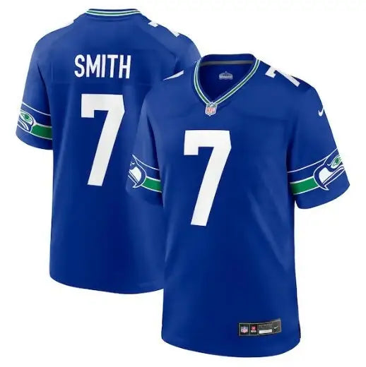 Royal blue Geno Smith Seattle Seahawks Nike throwback jersey with white number 7 and Seahawks logo